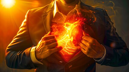 Man in suit harnessing fiery energy from chest, concept of power and passion. Dynamic lighting, vibrant colors. Ideal for motivational themes. AI