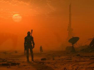 Illustration of astronauts on Mars, with a satellite dish and habitat amidst a dusty sunset.