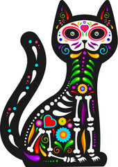 Mexican Day of Dead, cat animal with sugar skull for tattoo, vector symbol. Dia de Los Muertos holiday or Mexico fiesta tattoo of cat with skull and skeleton bones in Mexican floral ornament