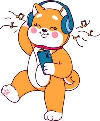 Cartoon japanese kawaii shiba inu dog character listening a music in headphones. Isolated vector pup dancing to the melody rhythms, capturing a playful moment filled with furry delightful expression
