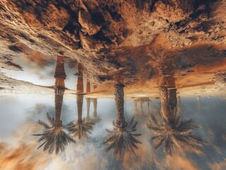 A reflection of palm trees in a body of water - obrazy, fototapety, plakaty
