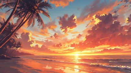 A picturesque sunset scene with palm trees swaying along the coastal seashore creates an idyllic tropical setting