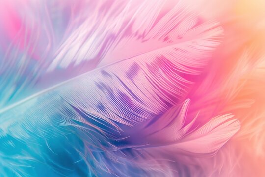 Abstract feather rainbow patchwork background. Closeup image of white fluffy feather under colorful pastel neon foggy mist. Fashion Color Trends Spring Summer 2024 - generative ai