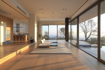 Obraz premium Minimalist Bungalow with Clean Lines, Open Floor Plan, and Floor-to-Ceiling Windows