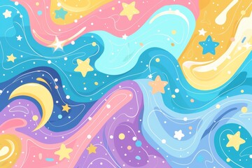 Fototapeta na wymiar Colorful and vibrant cartoon background with swirling shapes, stars, and waves in pastel colors cartoon pattern with swirls, a starry sky, and flowing curves Generative AI