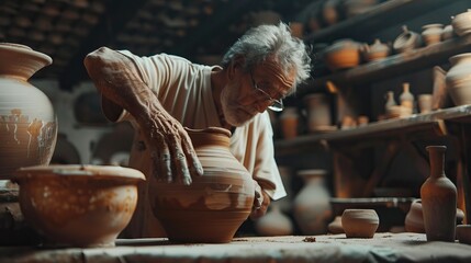 An expert potter, he creates with clay and his hands a beautiful vase in his laboratory. The artisan creates works of art with his hands. Concept of: experience, art, tradition, clay.

