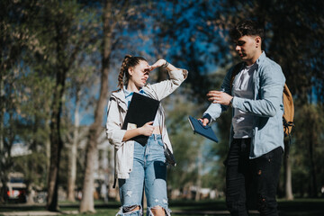 A pair of students with backpacks engaging in a discussion while holding books in a sunny park...