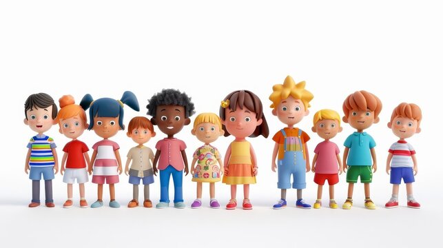adorable 3d cartoon characters of diverse little children white background