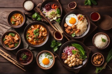 'various asian meals rustic background top view place text frame party food vintage banner kitchen spring chinese bowl dinner pepper cookery fries noodle stir vegetable thai chopstick wok cabbage'