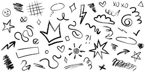 Hand drawn graffiti style squiggles. Doodle chalk symbols: crown, hearts, arrows, textbox, stars. Charcoal scribbles, grunge texture vector elements