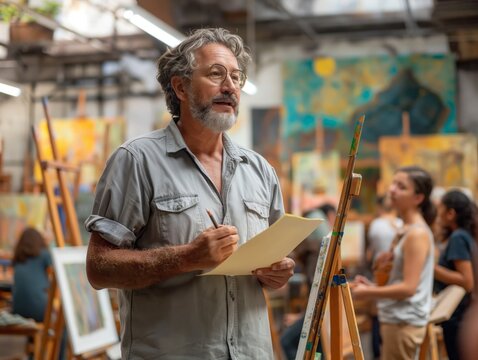 A man is standing in front of a group of people in an art studio. He is holding a piece of paper and a pen, and he is writing something. The atmosphere of the room is likely focused and creative