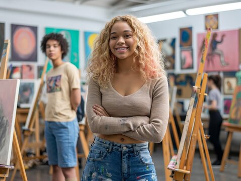 A girl with pink hair stands in front of a group of paintings. She is smiling and she is proud of her artwork