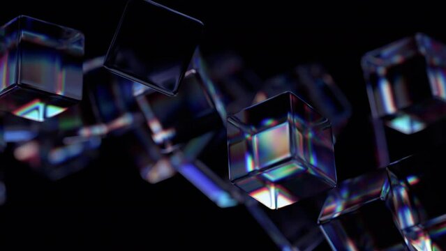 Abstract animation of dark background with floating glass cubes, 4k looping video, 3d render