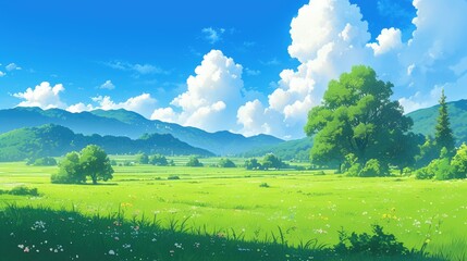 Obraz premium Experience the vibrant beauty of a summer landscape where lush green grass flourishing bushes and towering trees adorn a meadow nestled at the base of majestic mountains This cartoon 2d pano
