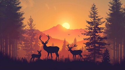 deer family silhouette in forest at sunset wildlife adventure and hunting landscape vector logo illustration