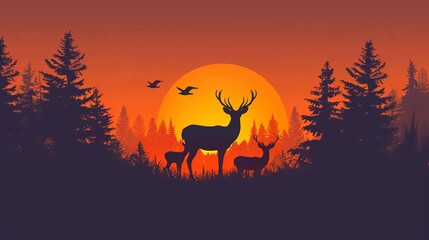 deer family silhouette in forest at sunset wildlife adventure and hunting landscape vector logo illustration