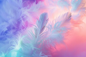 Fototapeta na wymiar Abstract feather rainbow patchwork background. Closeup image of white fluffy feather under colorful pastel neon foggy mist. Fashion Color Trends Spring Summer 2024 - generative ai