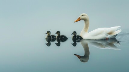 Duck with her ducklings in a calm lake in high resolution and high quality. animals concept - obrazy, fototapety, plakaty