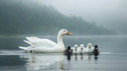 Fototapeta premium duck with her ducklings in a lake