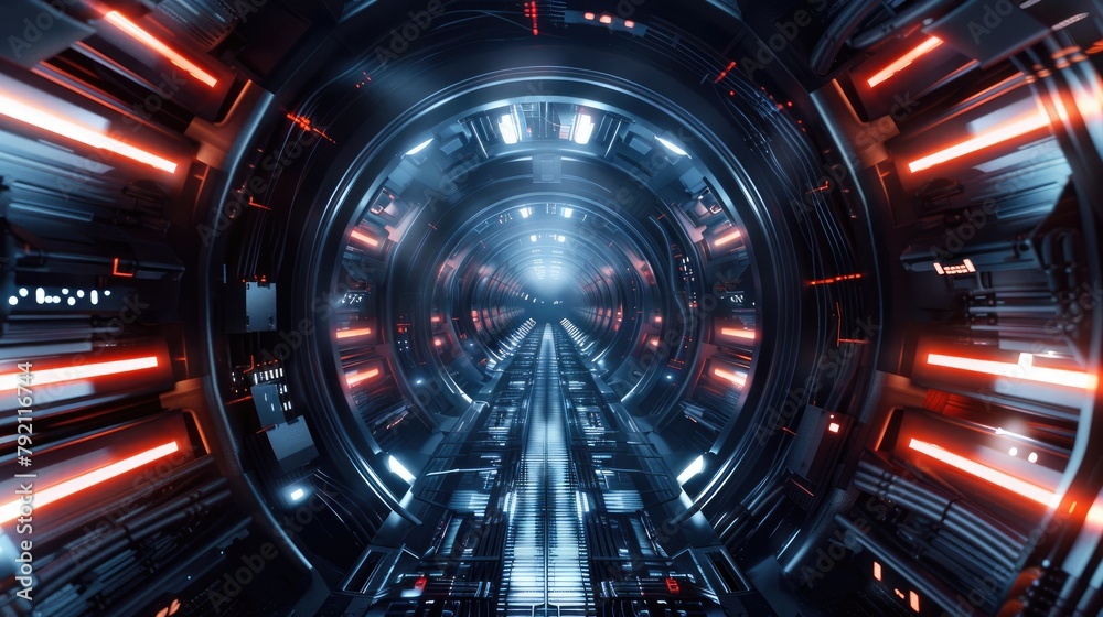 Poster step into the abstract and futuristic tunnel nestled within a virtual spaceship this animated scene 