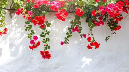 Flower Pots With Geraniums On White Wall, Cordoba, Spain