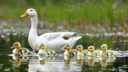 Fototapeta premium Duck with her ducklings in a calm lake in high resolution and high quality. concept animals, babies, lake, ducks, peace, nature, coexistence
