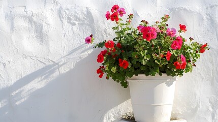 Flower Pots With Geraniums On White Wall, Cordoba, Spain