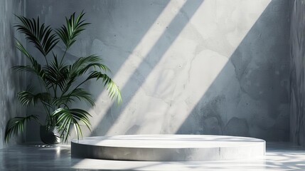 grey concrete studio background with podium leaves shadow 3d product display room illustration