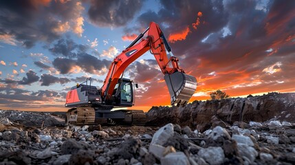 Excavator on a construction site at sunset, showcasing industrial might. Dramatic sky, power of development. Perfect for industrial use. AI