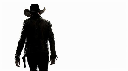 handsome old wild west cowboy walking away leather jacket isolated silhouette on white - obrazy, fototapety, plakaty