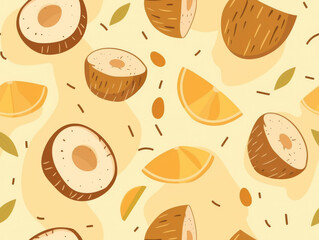 Seamless pattern of illustrated coconut halves, whole coconuts, and orange slices on a cream background.