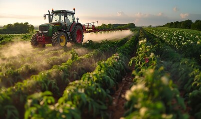 A tractor spraying pesticides on a vast field of crops on a spring day in the countryside - obrazy, fototapety, plakaty