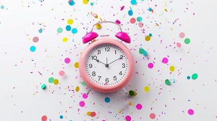 minimal 3d alarm clock with colorful confetti on white time management concept render