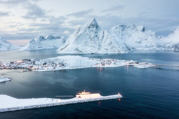Aerial view on the Lofoten Islands, Norway. Landscape in winter time during day time. View from...
