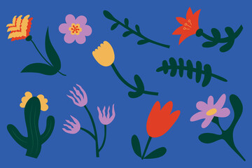 Set of abstract vector plants, flowers and leaves for design. Decorative elements. Abstract botanical flower art.