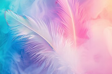 Abstract feather rainbow patchwork background. Closeup image of white fluffy feather under colorful pastel neon foggy mist. Fashion Color Trends Spring Summer 2024 - generative ai