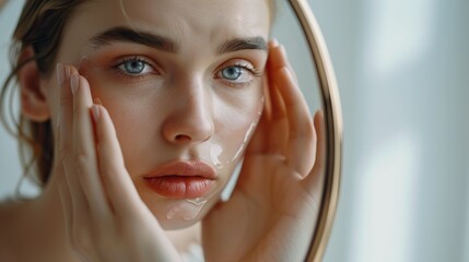 Beauty and skincare. Upset young woman looking in mirror and touching face, examining wrinkles and dark circles under her eyes at home, copy space. Dull tired skin concept

