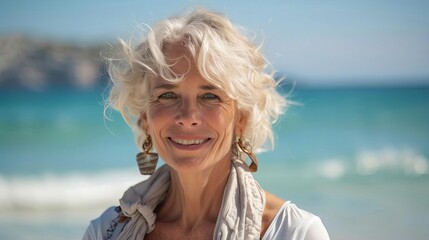 Fototapeta na wymiar smiling mature woman enjoying sunny weather at the beach natural lifestyle portrait