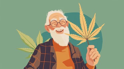 smiling senior holding cannabis leaf cbd use for elderly health and pain relief peaceful retirement concept illustration