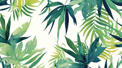 A vibrant tropical design featuring watercolor style cartoon palm leaves and Japanese bamboo set against a black and white backdrop creating a captivating and exotic swimwear pattern perfect