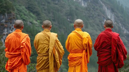 Bhutan, four monks standing side by side, hands clasped, Backview.

 - obrazy, fototapety, plakaty