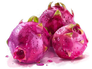 Brightly colored dragon fruit illustration with water droplets.