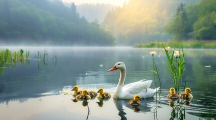 beautiful lake with a family of ducks wallpaper style in a sunrise in high resolution