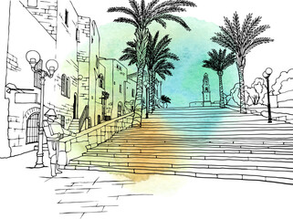 Nice view of the old Jaffa. Tel Aviv, Israel. Trendy urban landscape. Cityscape. Hand drawn sketch. Line art. Postcards.	