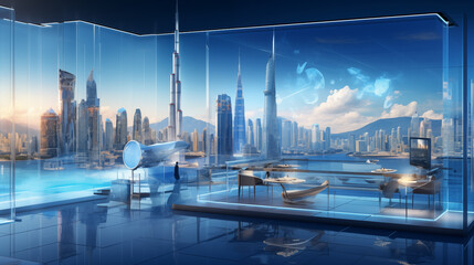 Luxurious Corner Office Overlooking Urban Future Megacity - obrazy, fototapety, plakaty