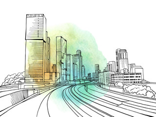 Urban landscape. Nice view on the modern Tel Aviv. Israel. Black and white sketch. Hand drawing vector illustration on white