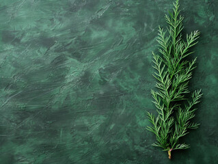 A single sprig of fresh fennel on a textured dark green background with a rustic, artistic style.