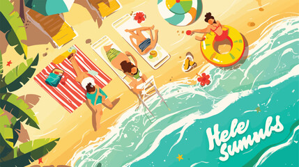 People relaxing by the ocean with hello summer word