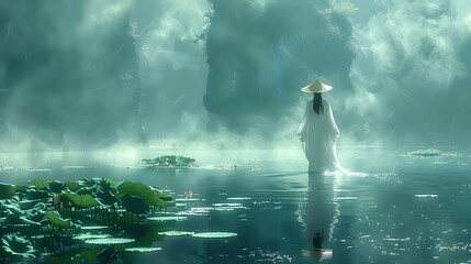 Calmness in Nature: Tranquil Figure in Pond - obrazy, fototapety, plakaty