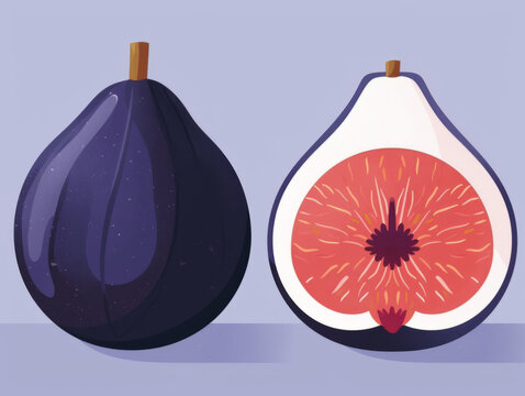Stylized vector illustration of a whole fig and a fig cross section against a purple background.
